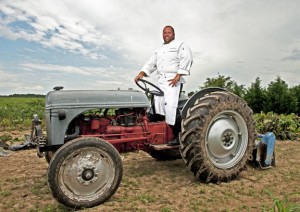 At home Josh uses an antique 1950s Ford to till the soil, and hauls five-gallon buckets of water by hand. But put him in a kitchen and he’ll delicately craft sugar art or carve a sculpture out of ice. 