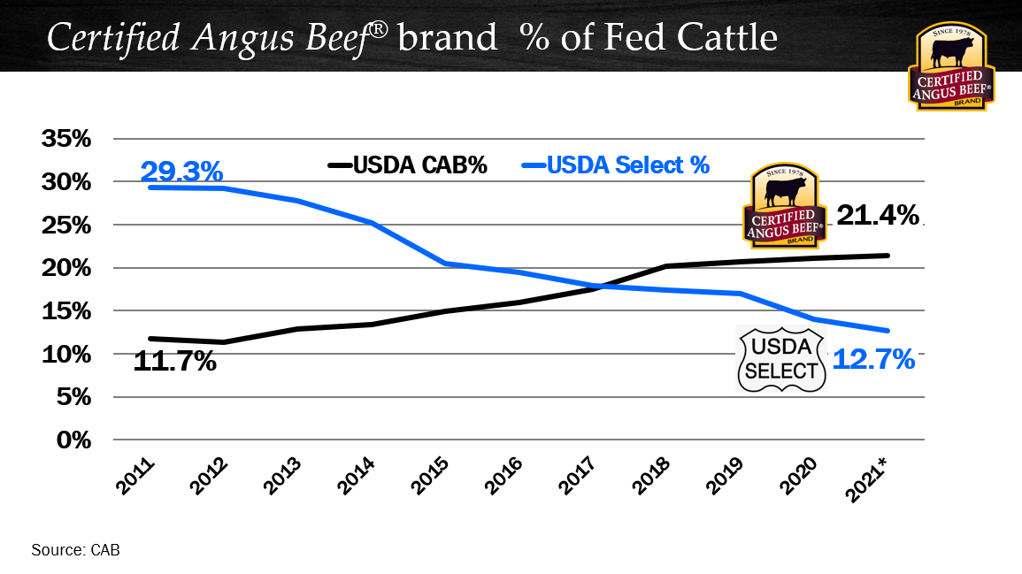 CAB compared to Select grading cattle chart