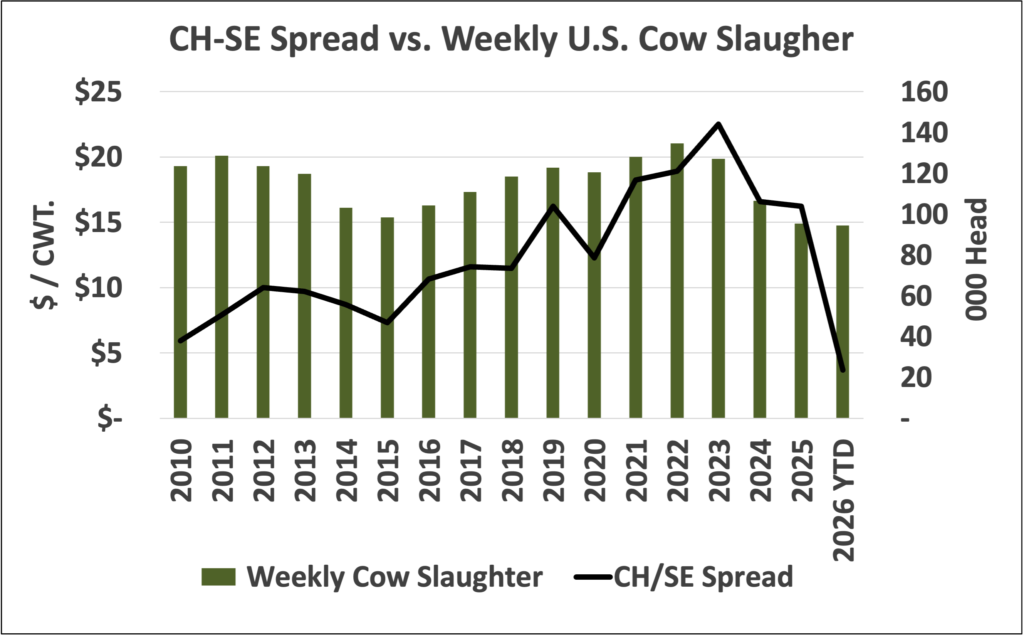CH-SE spread vs weekley U.S. cow slaughter 